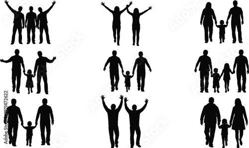 Inclusive family silhouettes, diverse parenting scenes, same-sex couples, children walking, holding hands, modern family structures, companionship theme - flat vector illustration