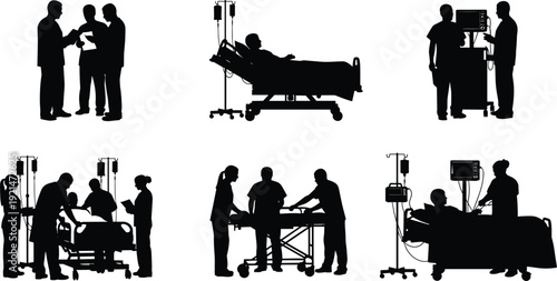 Hospital silhouettes, medical teamwork, patient care, doctors and nurses, healthcare environment, stretcher and bed scenes, clinical collaboration - flat vector illustration