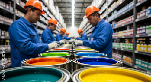 Workers mixing paint in a warehouse with colorful cans in the foreground