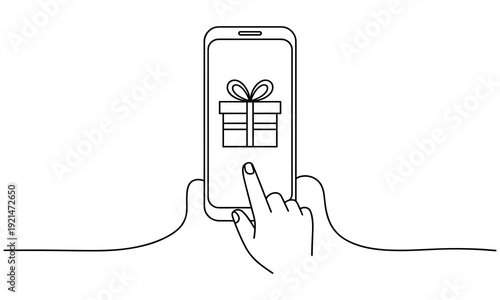 person holding a smartphone with a gift box on the screen receiving a digital gift or reward online in a simple vector graphic illustration style with clean lines and minimalist design.
