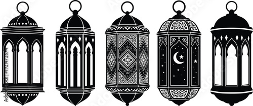 Islamic lantern silhouettes, Ramadan decor, crescent moon and stars, ornate geometric patterns, cultural celebration, festive light design - flat vector illustration