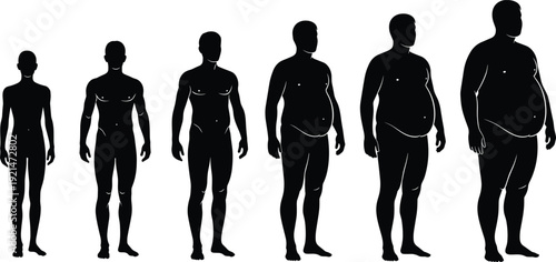 Male body silhouette progression from slim to obese, fitness health concept, body composition illustration, flat vector design