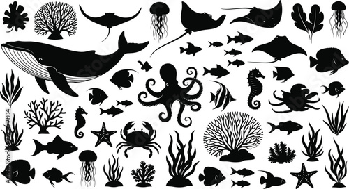 Marine life silhouettes collection, ocean creatures vector, whale octopus jellyfish seahorse crab fish coral seaweed illustration artwork - flat vector illustration