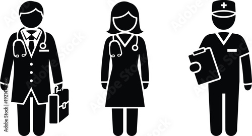 Medical professionals icons collection, doctor nurse silhouettes vector, healthcare staff illustration, hospital personnel design artwork for medical graphics - flat vector illustration