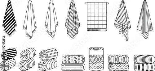 Towel outline vector set with hanging and rolled bathroom towels isolated textile line collection