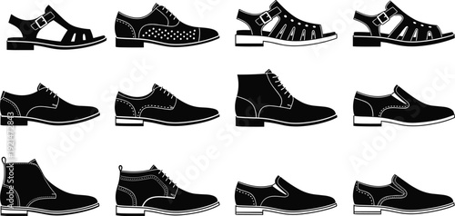 Men’s footwear silhouettes collection, sandals dress shoes boots loafers vector illustration, fashion shoe design artwork - flat vector illustration