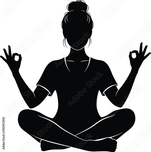 Meditation silhouette, yoga pose, mindfulness practice, relaxation, inner peace, spiritual balance, mudra gesture, wellness lifestyle, calm energy - flat vector illustration
