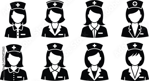Nurse icons collection, healthcare professional silhouettes vector, medical uniform styles illustration, hospital staff design artwork for healthcare graphics - flat vector illustration