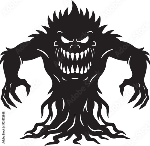 A black and white image of a monster with sharp teeth