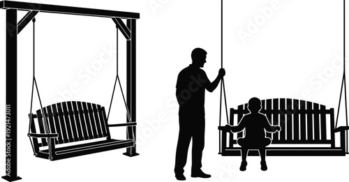 Porch swing silhouettes, outdoor leisure, backyard furniture, family interaction, child playing, garden relaxation, wooden frame design, lifestyle scene - flat vector illustration