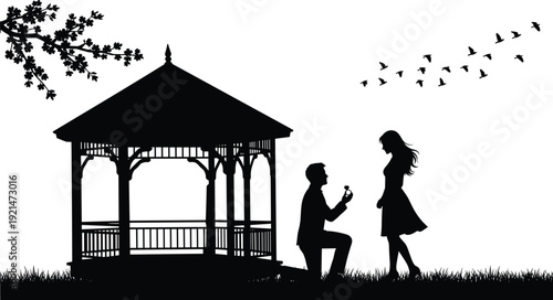 Romantic proposal silhouette, gazebo tree branch vector, kneeling couple love artwork, emotional relationship design illustration - flat vector illustration