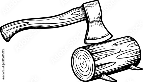 Black and white of an axe resting a log with wood grain texture chopping lumberjack