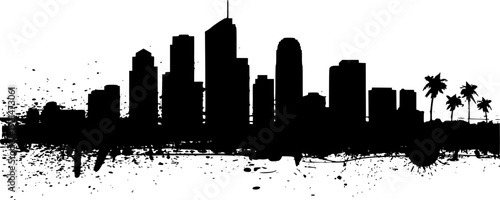 Black silhouette of a sprawling city skyline with palm trees and grunge splatter