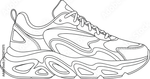 Sneaker line drawing illustration with detailed panels, lace‑up closure, sculpted sole, fashion footwear design concept, black and white vector
