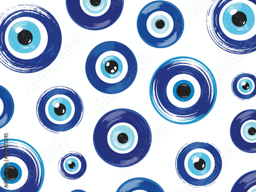 Blue evil eye pattern with white background and brush stroke texture nazar turkish