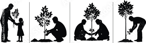 Tree planting silhouettes, environmental care, teamwork, sustainability, nurturing growth, intergenerational