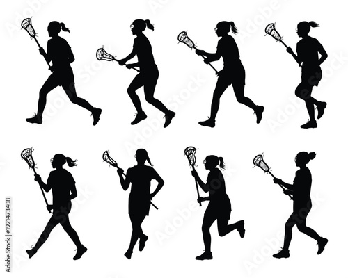 Dynamic lacrosse player action sequence - minimalist silhouette vector illustration