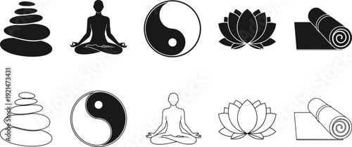 Wellness icons, meditation, yoga practice, yin-yang harmony, lotus flower, balanced stones, mindfulness symbols, holistic lifestyle design - flat vector illustration