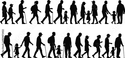 Walking people silhouettes collection, diverse age group vector illustration, family movement artwork, human interaction design graphic - flat vector illustration