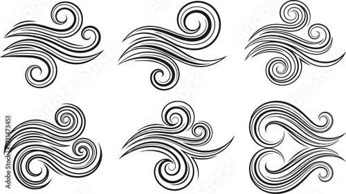Wind flow symbol collection with swirling curved lines, air breeze motion icons, decorative weather design concept, flat vector illustration