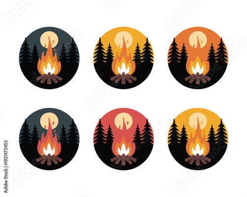 Stylized fireplace and forest silhouette vector icons - minimalist campfire design