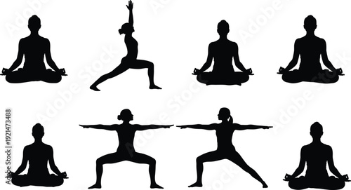 Yoga poses silhouettes collection, meditation warrior standing vector, fitness exercise artwork, spiritual relaxation design illustration - flat vector illustration