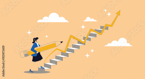 Business professional climbing stairs with pencil toward success