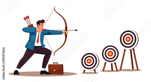 Businessman aiming bow and arrow at multiple targets