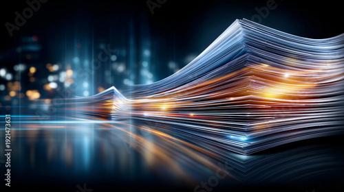 Wallpaper Mural Document management concept with glowing electronic documents flowing across a virtual screen into a paperless processing system, automation efficiency visualization, with copy space Torontodigital.ca