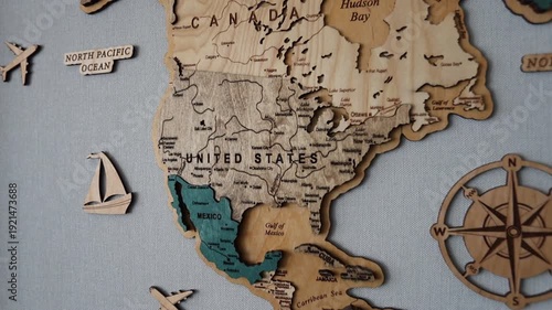 USA old world map with compass and ancient continents design