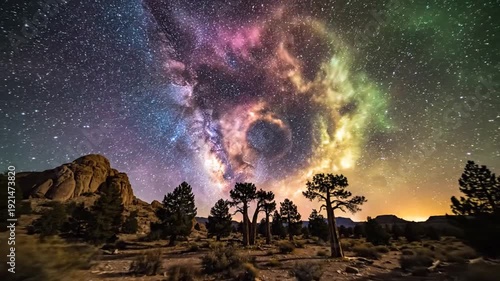 Enchanting Nightscape - Trees Silhouetted Against a Vibrant Milky Way.
