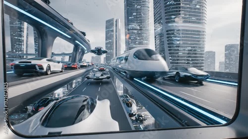 Futuristic City Transportation - Flying Cars and Modern Infrastructure.