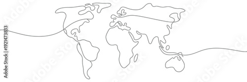 Continuous world map illustration single-line vector drawing of the globe, outline icon representing countries and continents