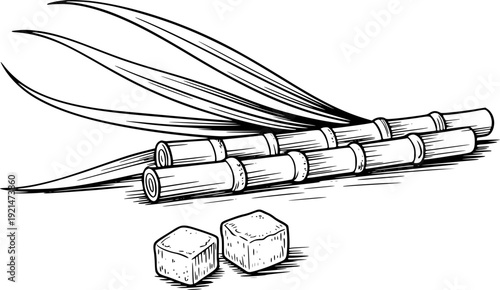 Hand drawn of sugar cane stalks and cubes a white background sweet