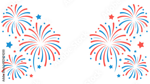 Red blue fireworks and stars border white background celebration