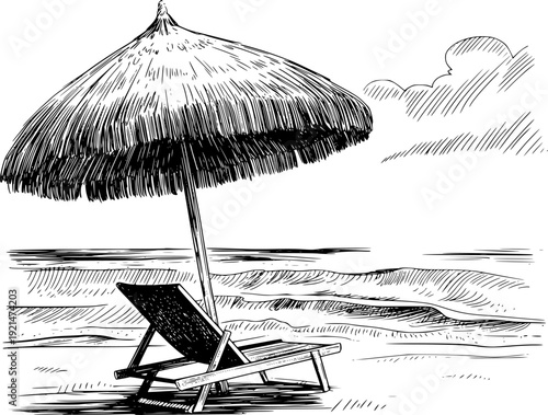 Of a thatched umbrella and lounge chair a sandy beach with ocean waves and clouds