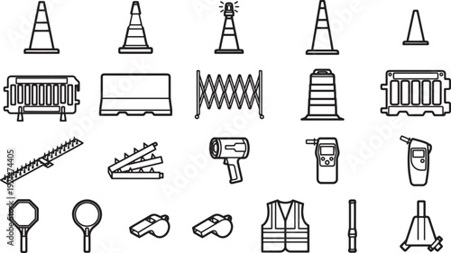 Road safety signs set against an isolated backdrop, a comprehensive collection of safety equipment icons, essential for construction site, safety, and traffic control.
