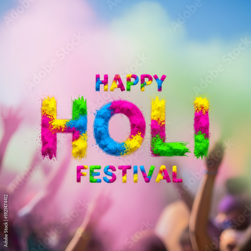 Happy Holi Festival colorful celebration with joyful hands raised  