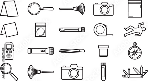 Forensic Investigation Tools Illustrated in a flat design, depicting crime scene investigation icons.