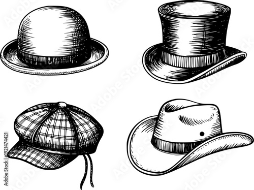 Vintage Hat Collection Black and White Engraving Style Hat Bowler Cowboy Cap