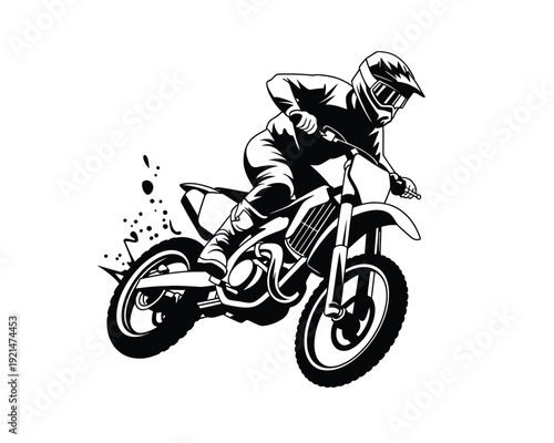 Dynamic motocross rider in action - minimalist black and white vector illustration