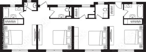 Detailed architectural blueprint illustrating the layout of a modern, multi-room living space, presenting an organized structure and a focus on functionality.