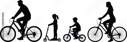 Family Cycling Silhouettes with Parents on Bicycles and Children Riding Scooter and Balance Bike Isolated on White Background Active Lifestyle Concept