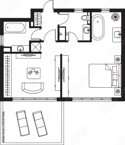 Detailed architectural blueprint unveils a stylish residence, showcasing meticulous interior design. the elegant layout, emphasizing functionality and sophistication.