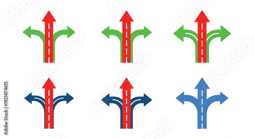 Three way road junction icons in various colors