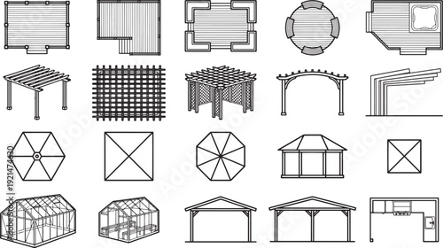 Gazebo plans and designs, offering a variety of outdoor structures. This image is a collection of various architectural blueprints, ideal for anyone seeking inspiration for their outdoor space.