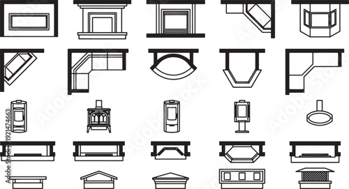 A comprehensive array of architectural fireplace designs, captured in a monochromatic collection of detailed blueprints, offering a rich source of inspiration.