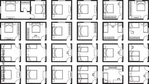 Architectural blueprints showcasing various innovative bedroom designs, illustrating spatial layouts and furniture arrangements. 