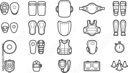 Detailed view of a collection of equipment designed for combat sports, showcasing the essential gear required for both protection and performance. 