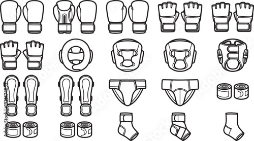 Boxing and martial arts gear arranged in a uniform pattern in a illustrative illustration style, perfect for sports design.